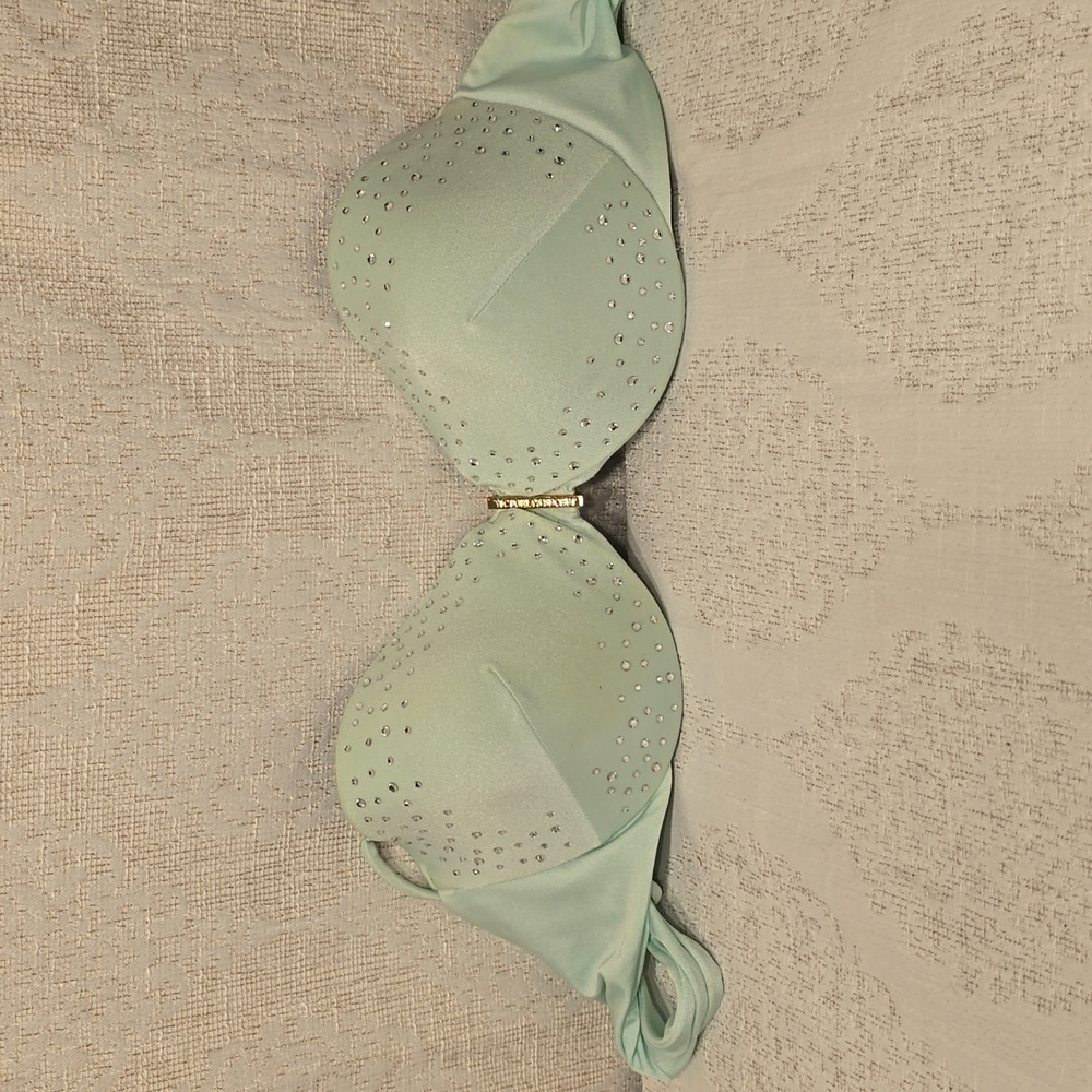 Womens Mint Green Victoria Secret Bikini Top Silver Gold Embellishments Size 34D